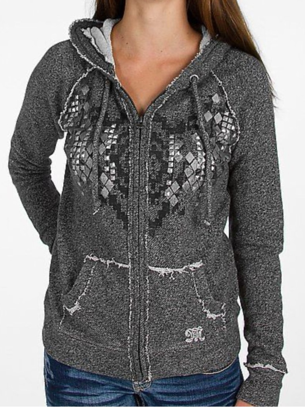 Miss Me 90s Y2K Embellished
Eagle Heather Gray Full Zip Up
Sweater Size L